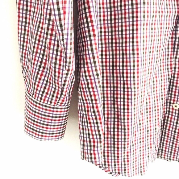 Peter Millar | Check Button Front Dress Shirt Medium Red Striped Button Cuff - Picture 4 of 9